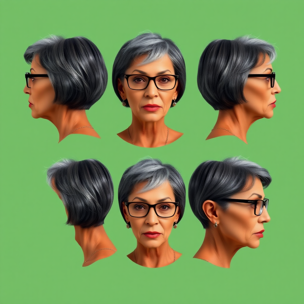 Photorealistic image of six headshots of a 50 years old, fit, European, Latina, sharp aquiline nose, wrinkles, high cheekbones, Middle Eastern, skinny, tanned skin, dark light skin, full makeup, jewelry, sharp nose, exaggerated expression, licking her lips, mouth open, dark grey ash hair, short bowl haircut, brown eye color, glasses, with detailed features. Each photo displays the same face in back, profile and front view, cut out and isolated on a green background. All six heads are visible side by side, empty space around each view, no overlapping.