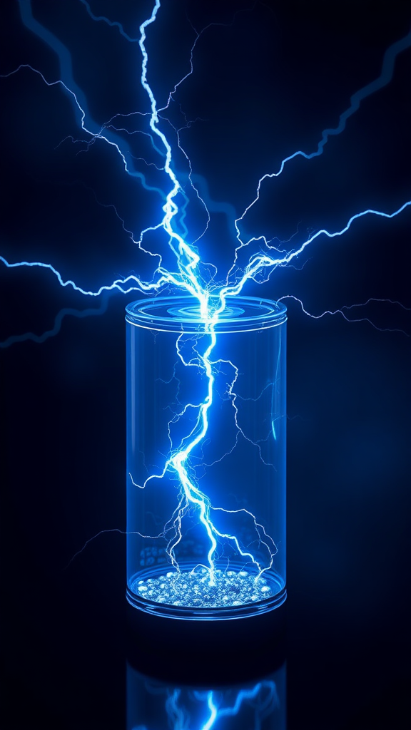 The appearance of an electric spark in a secondary battery cell, please express it as a realistic image using 3D rendering, express the background as a cybernetic and mysterious image, and express the overall color as dark blue.