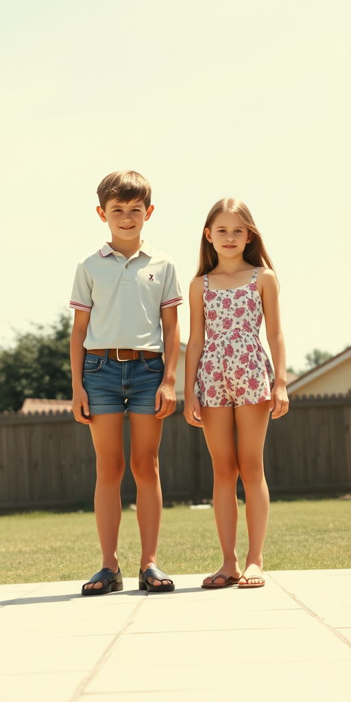 A vintage photo, 1980s. A 14yo teen boy and girl. British. Long legs, bare thighs. Hot summer. Full length view.