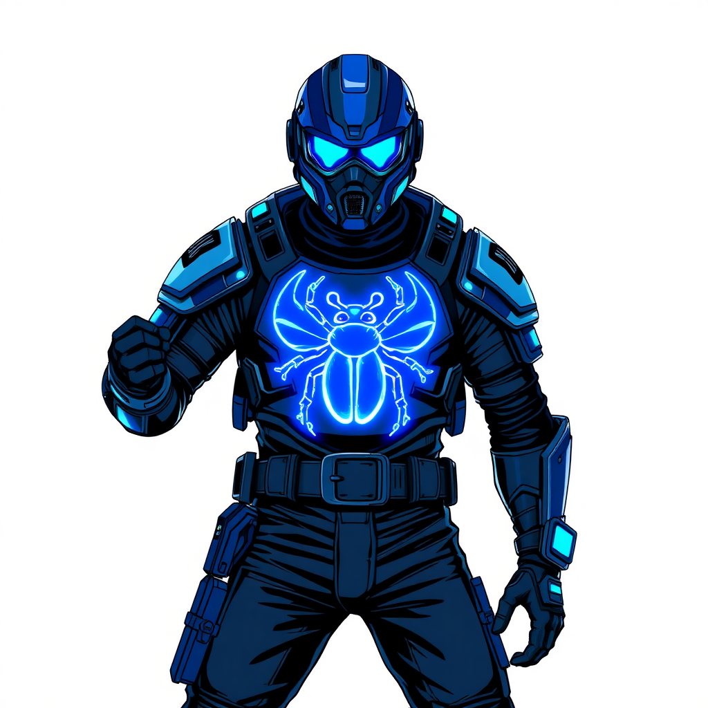 A 28-year-old cyberpunk vigilante stands heroically, clad in high-tech, maximum blue, light armor featuring a neon blue glowing beetle on the chest. They wear black biker pants, a black belt with a sapphire beetle buckle, and a helmet resembling a sleek, tactical design, but colored maximum blue with neon blue glowing lenses. Their hands are protected by black metal gloves, all set against a solid white background. He is drawn as if he was in a retro 2D cyberpunk fighting game.