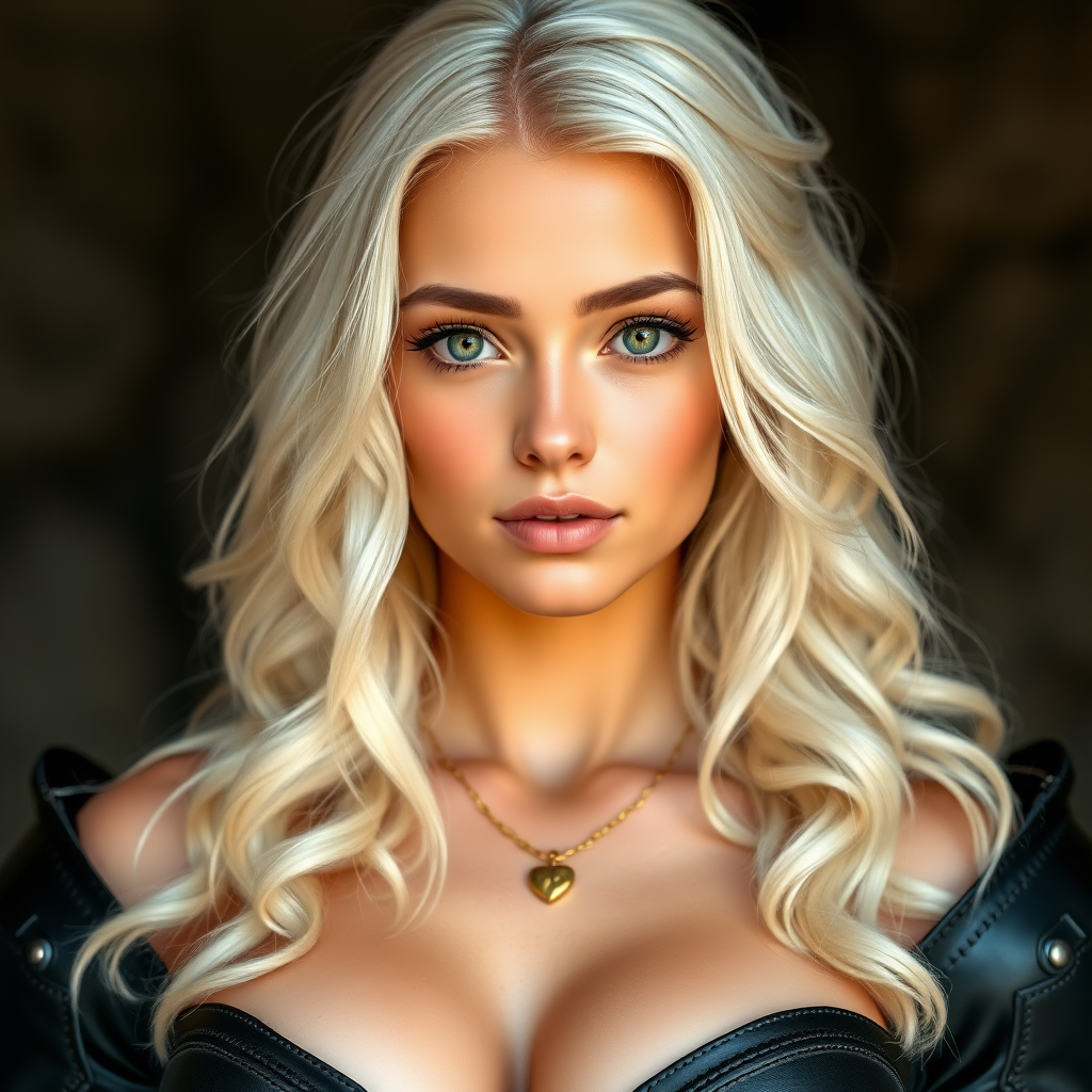 Portrait of a beautiful young woman with long wavy platinum blonde hair, green eyes, a suntan, light brown eyebrows, and large breasts. She is wearing black leather armor and a gold necklace with a small heart pendant.