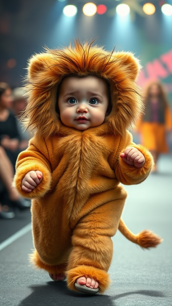 A cute small chubby fair baby with big eyes, pink lips, and pink cheeks wearing a furry cozy lion costume doing a ramp walk in a fashion show, walking with a real lion while holding the lion with one hand, cinematic.