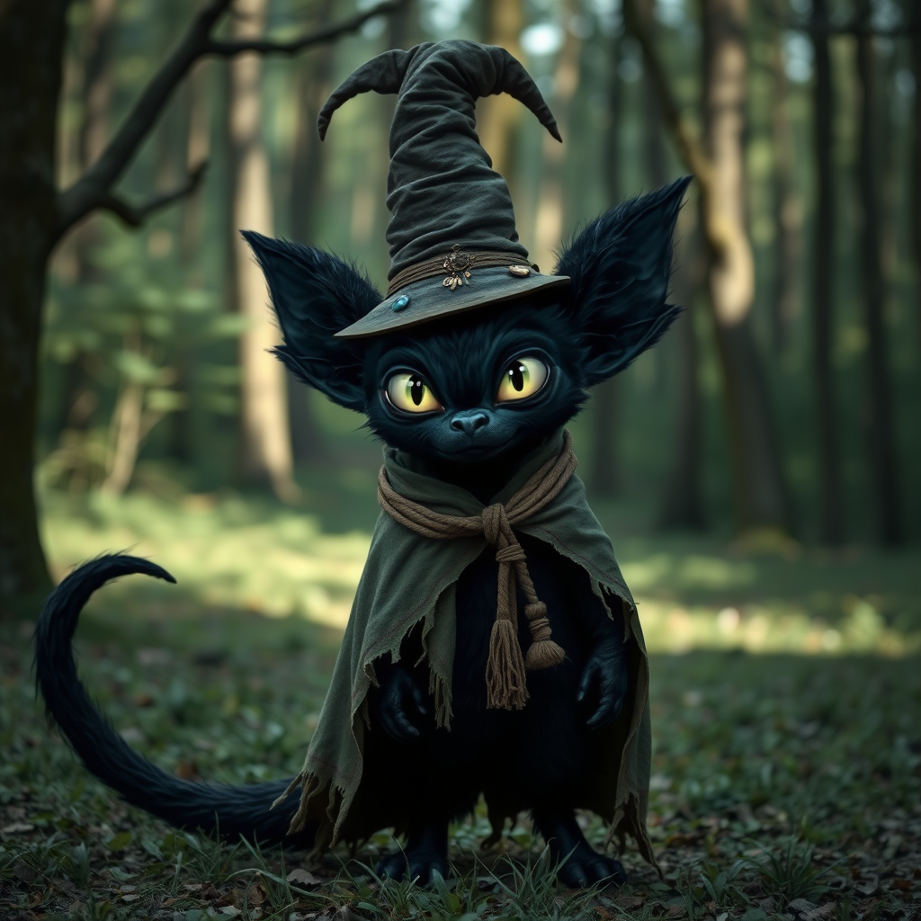 In the middle of the clearing is a dark creature with black fur, a long black tail, and big black ears. He wears a tattered sage green cloak that's way too big for him, and a brown sachal over his shoulder. He has a cacky colored tall pointed hat that leans to one side and bends in the middle and has a few trinkets strung to it. The creature doesn't have any facial features aside from 2 impossibly wide eyes that takes up most of his face, and glow a pure white.