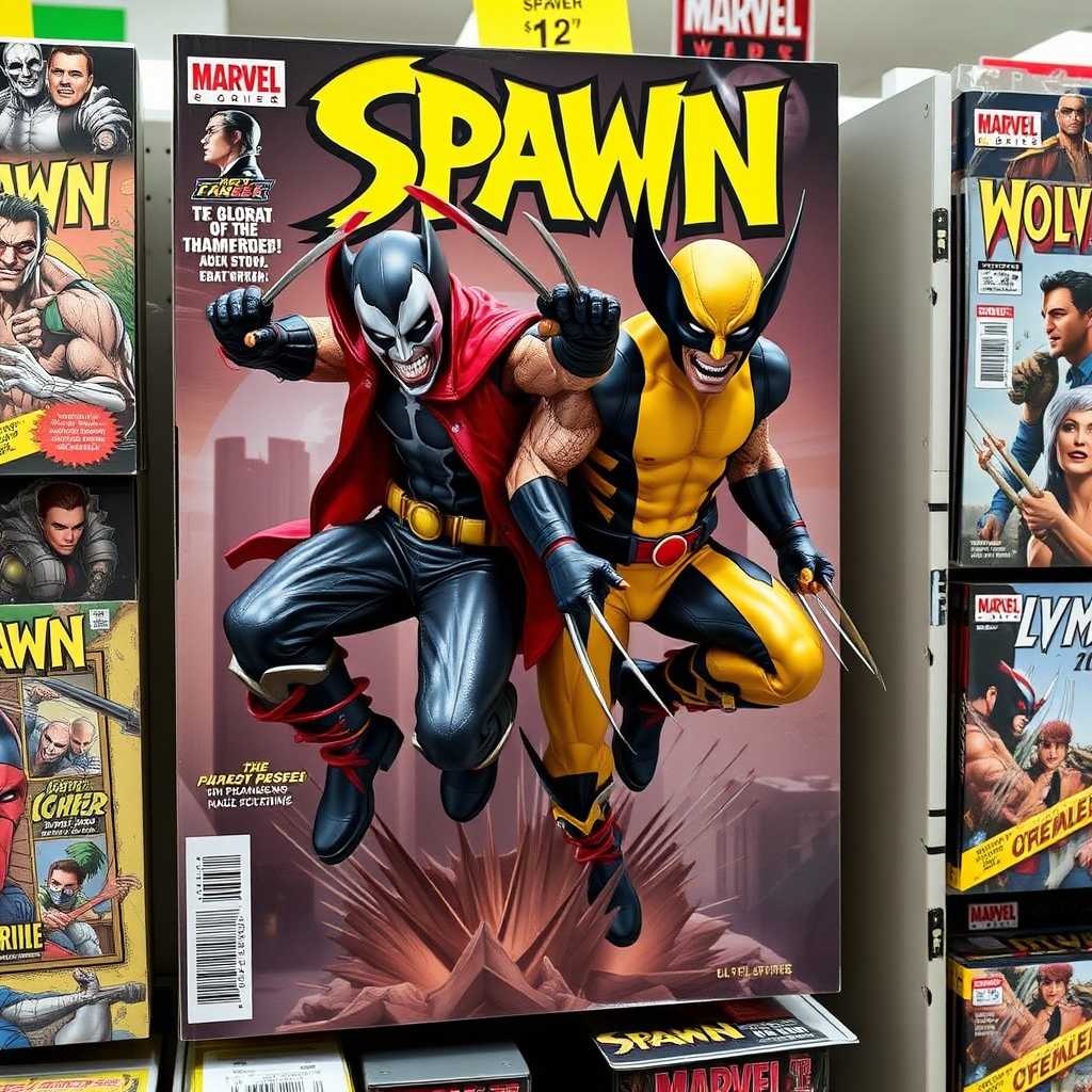 Jumping out of a Comic book cover on a store shelf is Spawn and Wolverine in Cinematic Real3D photo-realistic quality.