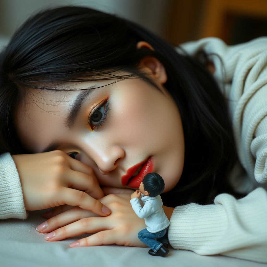 photograph hi-res side view Korean young woman lying down. she has long eyelashes lush lips. a 3-inch tall man kneels on her chin his expression is awed