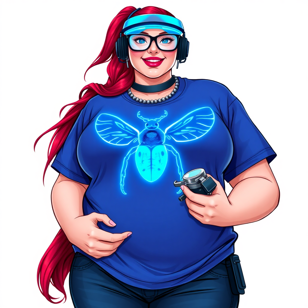 A cyberpunk vigilante’s full-figured intelligent and tech-savvy 29-year-old girlfriend, who is a computer hacker and tech genius. She has a long ruby red ponytail and bright blue eyes. She wears a sapphire beetle gemstone necklace, and an oversized Maximum Blue (RGB 71, 171, 204) t-shirt featuring a giant neon blue glowing chest icon of a winged beetle. She has a full-figured physique with a prominent, gargantuan, round midsection, reflecting her well-cared-for lifestyle. The midsection is heavily emphasized. She sports a sapphire headset with hi-tech Maximum Blue (RGB 71, 171, 204) lensed HUD visor, Maximum Blue (RGB 71, 171, 204) lipstick, black eyeglasses, and a beaming smile with a passionate bright red blush. Despite her figure and a lack of self-esteem, she radiates an air of beauty. She has an angular face which contributes to her radiant beauty. She serves as his tech expert from his hideout, holding a holographic tablet and a hi-tech tool wrench. The background is solid white. She is drawn as if she was in a retro 2D cyberpunk fighting game. Make sure her shirt covers her round midsection.