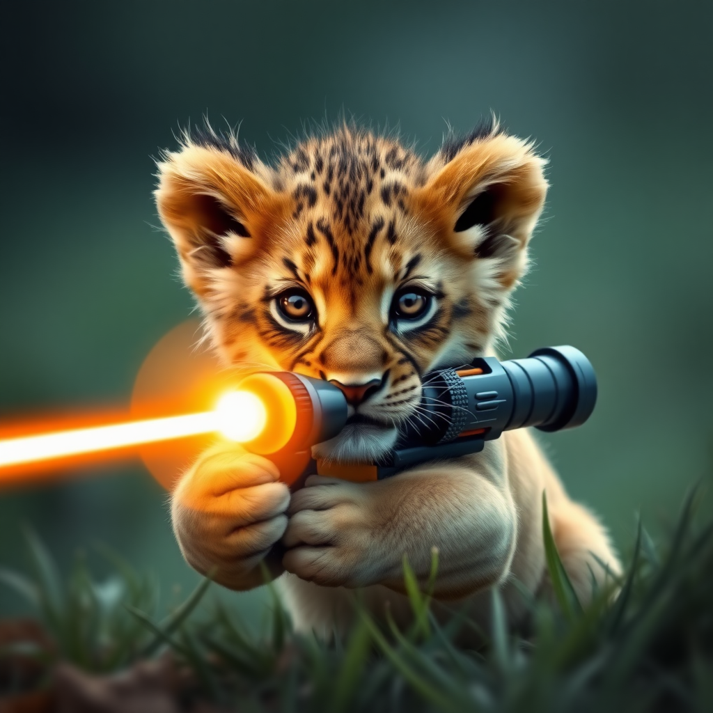 Lion cub with a laser gun