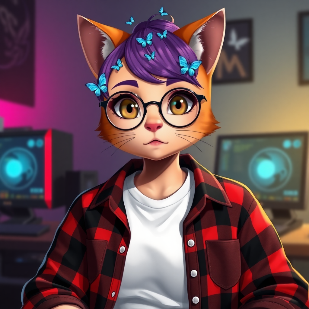 female cat-man without breasts/flat chest serious chestnut color with small blue butterflies on the head, a round head, with a purple UNDERCUT hairstyle, hazel eyes, dimples on the cheeks, chubby cheeks, wearing semi-round glasses, a red and black checkered shirt open over a white t-shirt, in front of a desk with a gaming PC, in digital art