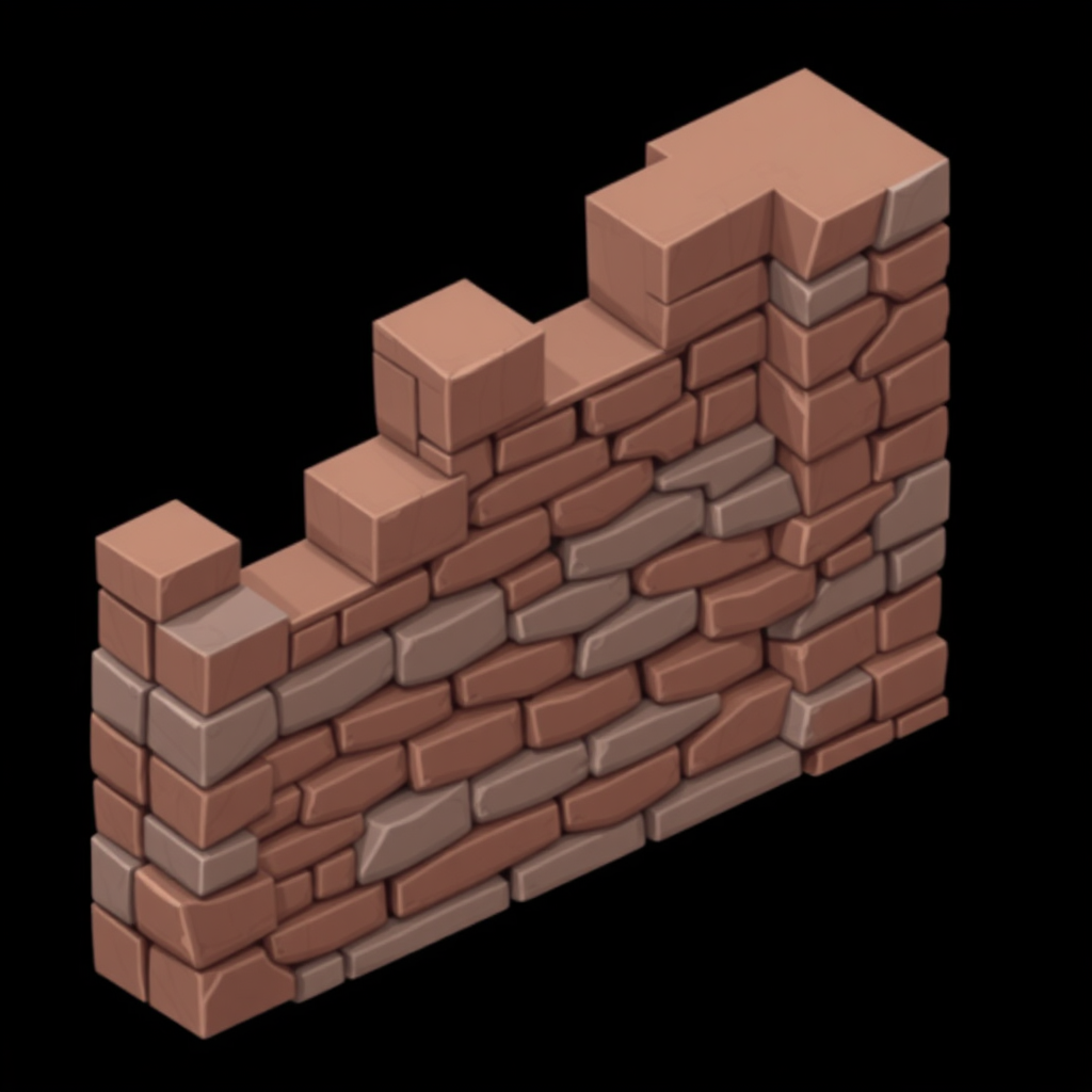 Create a section of a brick and mortar wall. The wall is shown in isometric perspective in a style that combines fantasy game art and digital painting. Use soft lighting. The background must be plain black.