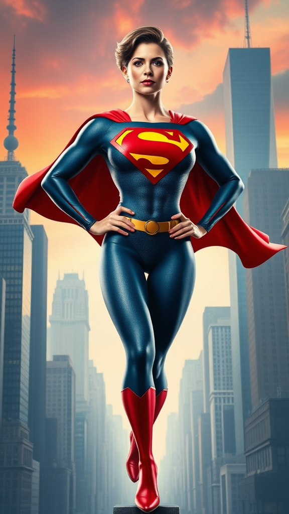 Full-length render: Superman's head, hairstyle, facial features atop Elastigirl's body shape. Classic Superman costume adapted to feminine form, preserving iconic elements. Background fuses Metropolis skyscrapers Incredibles' retro-futuristic cityscape. Dynamic pose showcasing strength, elasticity. Vibrant colors, dramatic lighting. Capture essence of both characters in this unique fusion. Emphasize fluid lines, heroic stance. Include subtle nods to both franchises in details. Maintain Superman's stoic expression, powerful presence while incorporating Elastigirl's flexibility, agility in posture and form.