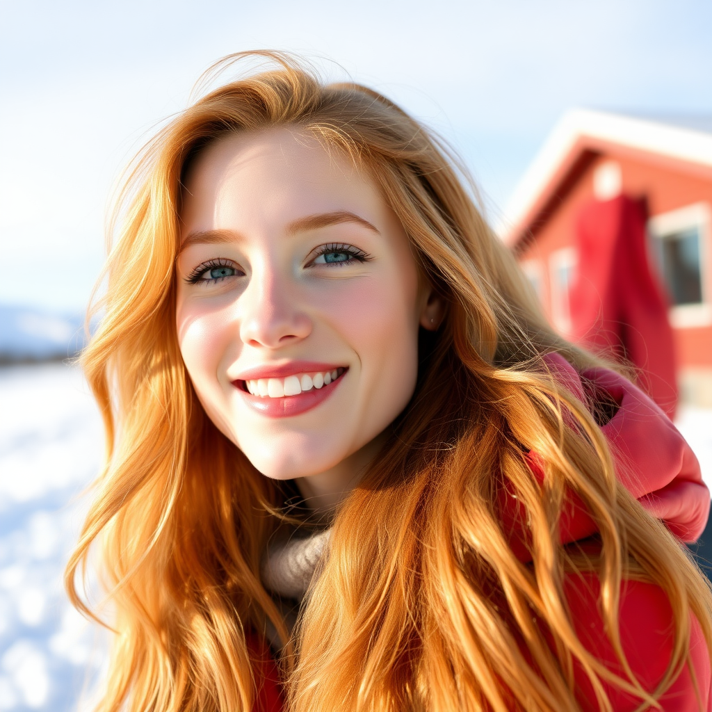 beautiful young woman with lush ginger cherry blonde long hair, full lips, on Alaska Anchorage happy in sunny snow