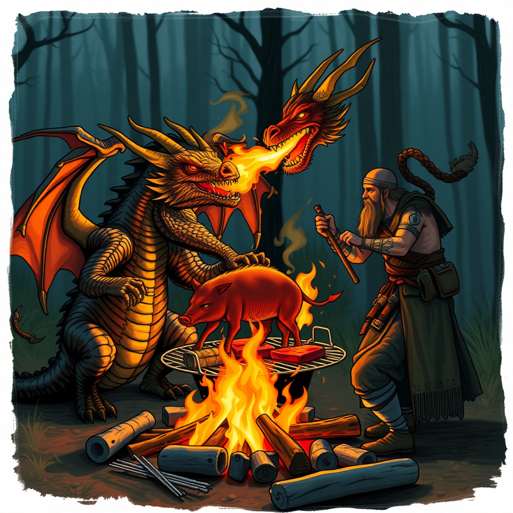 a dragon and a warrior roast the boar on the grill over a campfire, and the dragon spits fire out of its mouth to roast the wild boar.