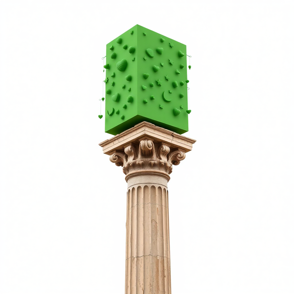 A photograph of a thin, ancient Greek column with weathered, fluted details at the base. Atop the column is an oversized, normal green rectangular volume, functioning as a funky art installation. The large green structure dramatically overshadows the small column, with numerous quirky green objects—such as small hearts, stars, and abstract shapes—hanging from it. The surreal and playful installation creates a striking contrast between the ancient, minimal column and the modern, weird design.