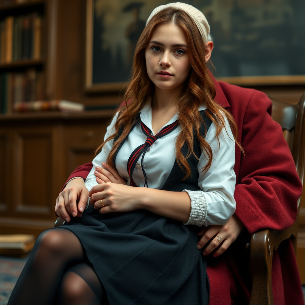 Hermione is a sexy English student; she is sitting on the knee of an old male professor, her school uniform is too small for her.