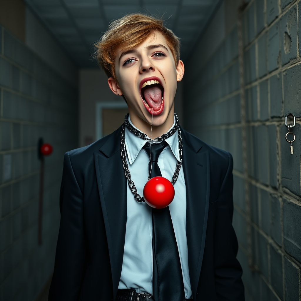 photorealistic, ultra high resolution, 16K, surreal fantasy, soft studio lighting, Tyler Swift is a pretty 18 year old goth male vampire, slim male physique, auburn hair, goth makeup, earrings, shiny black pantyhose, school uniform shirt tie and blazer, Mary-Jane shoes, spikey neck collar chain and leash, red ball-gag, in a dungeon, the end of the leash is chained to the wall, in daylight, excited open mouth smile, drooling a stream of saliva, facing the camera.