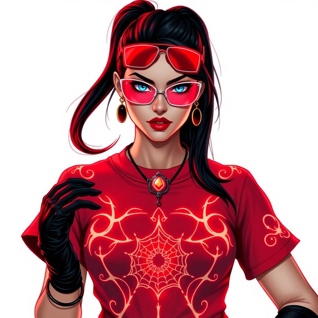 A hot 26-year-old mystical corporate hero hunter with a sleek black ponytail, maximum red lipstick, striking blue eyes, dressed in a maximum red t-shirt adorned with intricate neon red glowing web patterns, equipped with black biker gloves, and wearing glowing neon red-lensed shades and a mystical red gemstone amulet featuring an intricate web design that grants her the cunning and trickery of Anansi. She poses flirtatiously against a solid white background, exuding an aura of mystical power and intelligence. She is drawn as if she was in a retro 2D cyberpunk fighting game. She glows neon red showing her mystical powers.