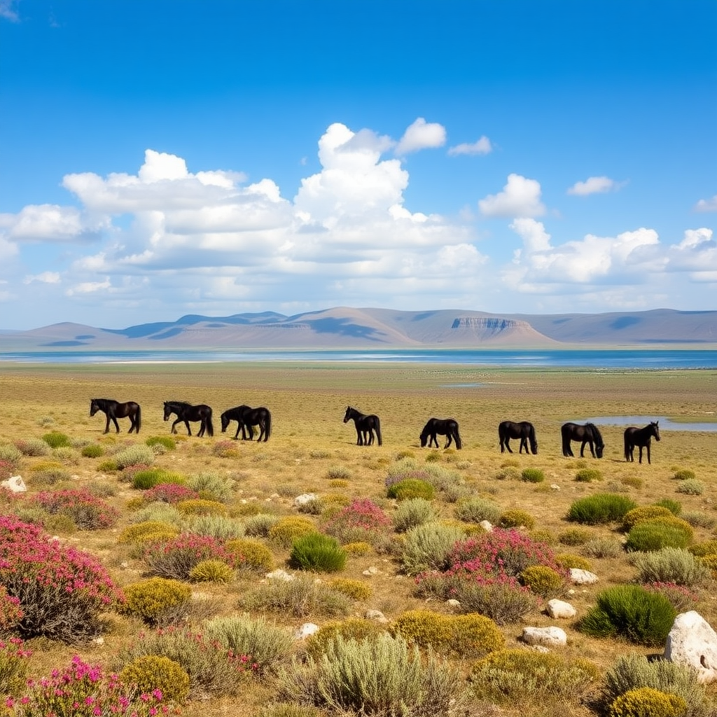 Long plateau with its dark wild ponies, Mediterranean vegetation with rockrose, myrtle, oaks, junipers, with small lakes and large rocks and a blue sky with white clouds.