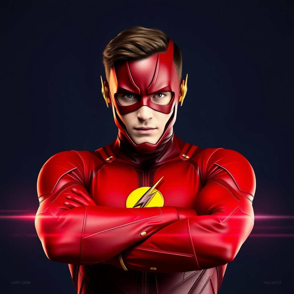 Grant Gustin as The Flash in action pose with his arms crossed, scarlet red costume with his mask taken off for all to see Barry Allen's face, digital art style, minimalist, ultra detailed, cinematic light, cinematic effects, cinematic film, live-action.