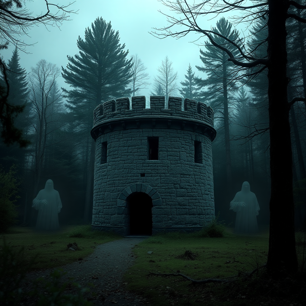 A small, old and worn, round medieval stone tower in a dark forest clearing with very faint ghost-like forms around it.