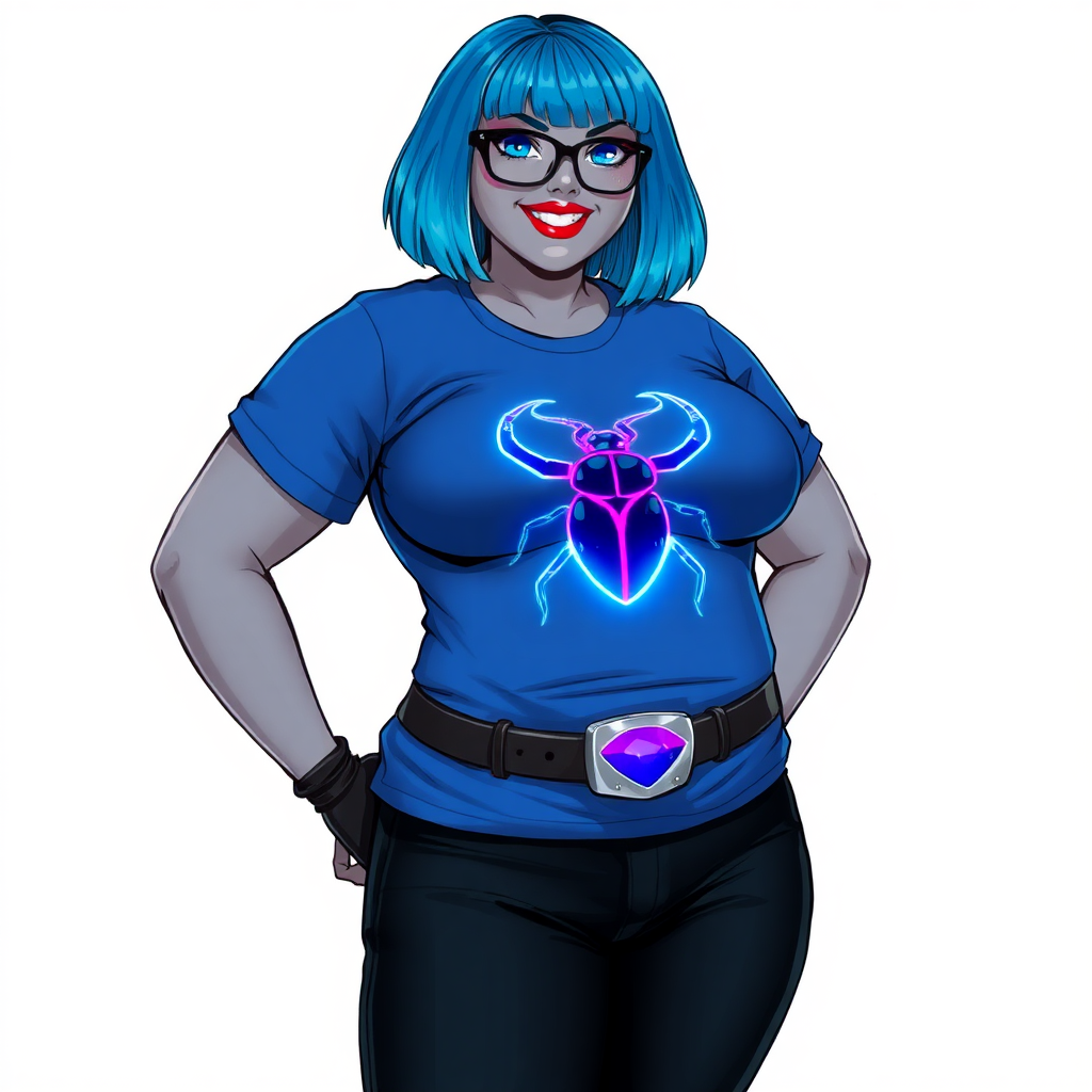 A 28-year-old, full-figured, metallic middle gray skinned computer program hybrid with a maximum blue bob cut. She has a non-athletic build, highlighted by a prominent, round, large midsection (with emphasis on her belly). As a digital sidekick, computer hacker, and nerdy girlfriend to her cyberpunk vigilante boyfriend, her middle gray metallic skin and maximum blue lipstick emphasize her digital nature. She wears a tight-fitting, maximum blue t-shirt (accentuating her large belly) with a neon blue glowing chest icon of a beetle, black pants, a black belt with a sapphire scarab buckle, and black gloves. Her bright blue eyes, black eyeglasses, and lovestruck smile with neon red blush accentuate her nerdiness. She stands bashfully with her hands behind her back, her t-shirt covering her midsection (especially her large belly) and emphasizing her full-figured, non-athletic physique. She is on a solid white background. She is drawn as if she was in a retro 2D cyberpunk fighting game. She is clearly non-athletic, with a focus on her full-figured physique. Ensure her t-shirt covers her midsection (especially her large belly).