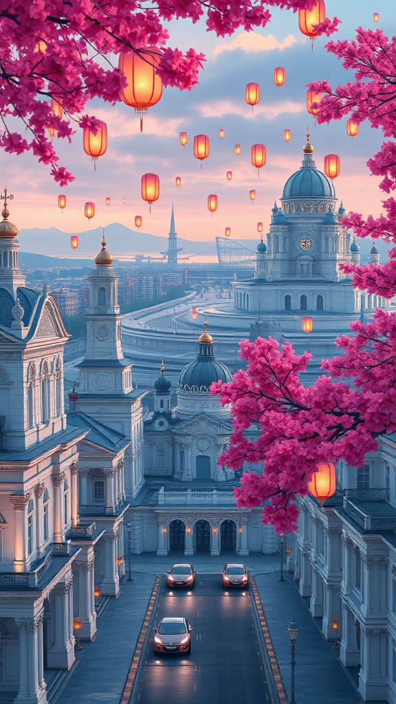 This anime art concept in 8k resolution brings to life a cityscape that blends historical grandeur with futuristic innovation. The city, inspired by Russian Tartarian architecture, features majestic structures with ornate details and intricate designs, showcasing an opulent and storied past.

The foreground reveals immaculate streets lined with grand cathedrals and dome-shaped white buildings, each one a marvel of architectural beauty. These buildings, with their elaborate facades and towering spires, reflect the rich cultural heritage of the city.

In the distance, modern technologically advanced buildings glow with vibrant lights, contrasting sharply with the historical architecture. Their sleek, futuristic designs add a dynamic and forward-looking element to the scene.

The sky is adorned with floating lanterns, drifting gracefully and casting a warm, magical glow over the city. Pink foliage adds a touch of whimsy and elegance to the landscape, with vibrant hues enhancing the dreamlike quality of the scene.

Bubble-shaped vehicles glide smoothly across the landscape, showcasing advanced transportation technology while seamlessly integrating with the city’s aesthetic. These vehicles move along clean, well-maintained streets, highlighting the city’s blend of tradition and innovation.

Overall, the scene is framed by the ice wall, hinting at the fascinating world beyond and adding a sense of grandeur and mystery to the composition. This exquisite portrayal captures both the historical richness and futuristic vision of the city, creating a captivating and immersive experience.