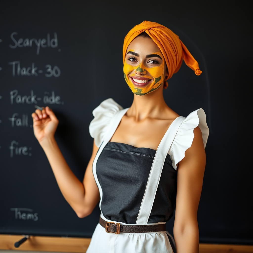 slim, 30 year old, sexy, french maid, short scarf head, turmeric face pack. She is smiling and teaching on a blackboard