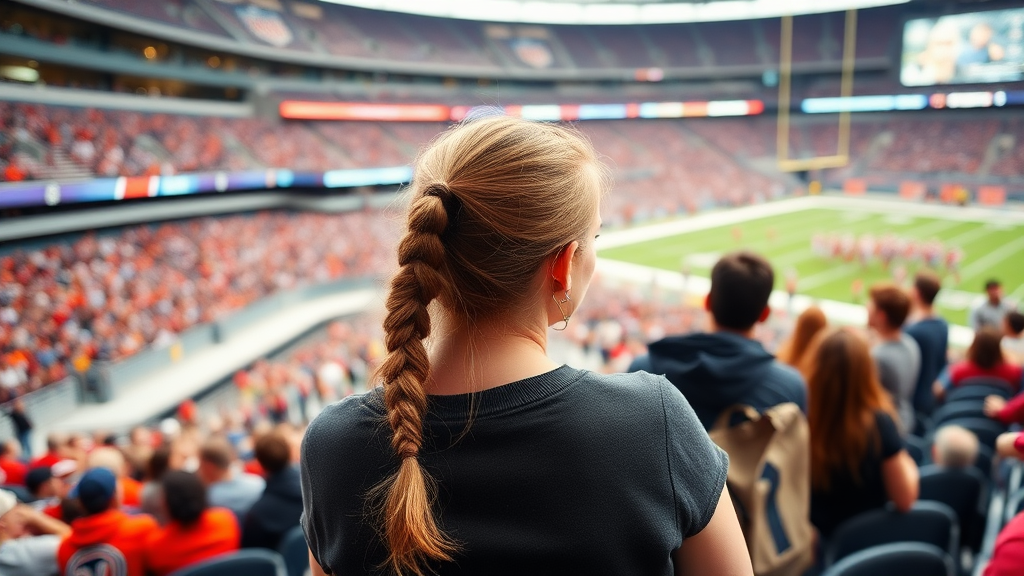 Attractive female NFL fan, pigtail hair, watching the game with friends, inside crowded bleachers, NFL stadium