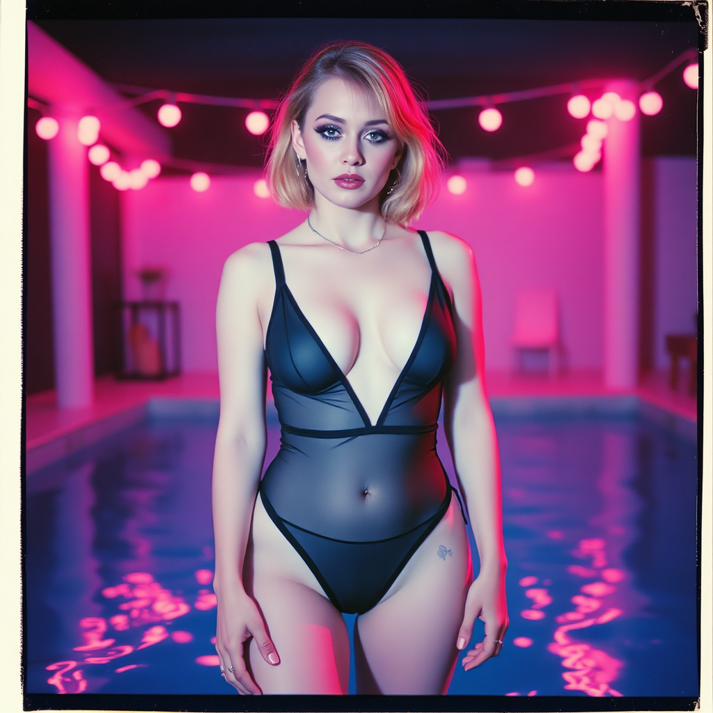 old polaroid photo with heavy vignetting and pink and blue artistic studio lighting color tint and light leak, depicting a sexy curvy thicc pale white alt goth girl with eye makeup, wearing a tiny revealing black see thru clear plastic two piece bikini gstring thong with a small outline of her labia and nipples visible, standing in a pool