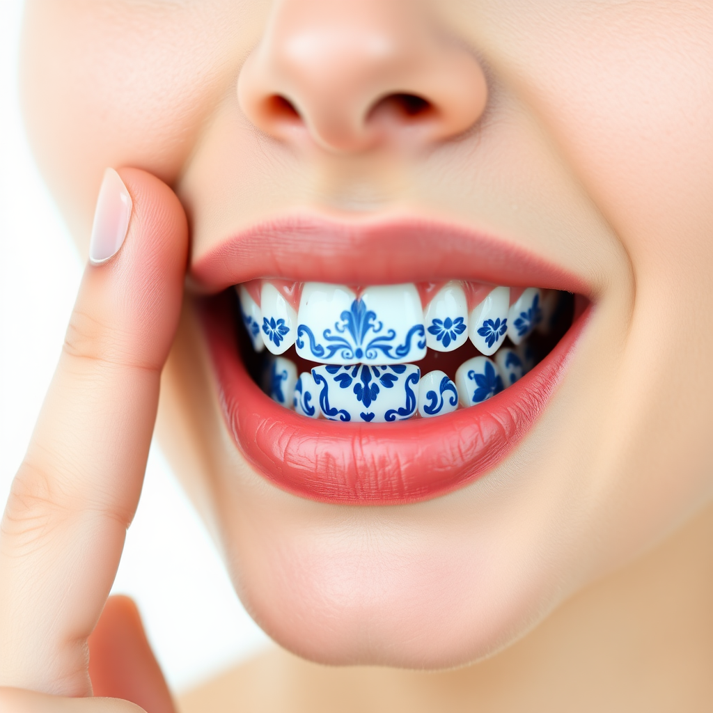 A close-up of the mouth and lips, with clear skin texture visible on an isolated white background. The teeth are made out of Portuguese blue tiles, with traditional blue and white design. The person is holding their finger stretching the corner of the mouth, showcasing the amazing blue tile artwork on the teeth. A detailed shot, highlighting the intricate design on the Portuguese blue and white tiles on the model's teeth. The composition emphasizes the model's face in sharp focus against the pure backdrop, creating a serene atmosphere for beauty product advertising.