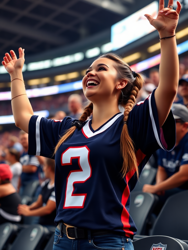 Attractive female NFL fan, huge chest, jersey, cheering wildly, pigtail hair, stadium bleacher row