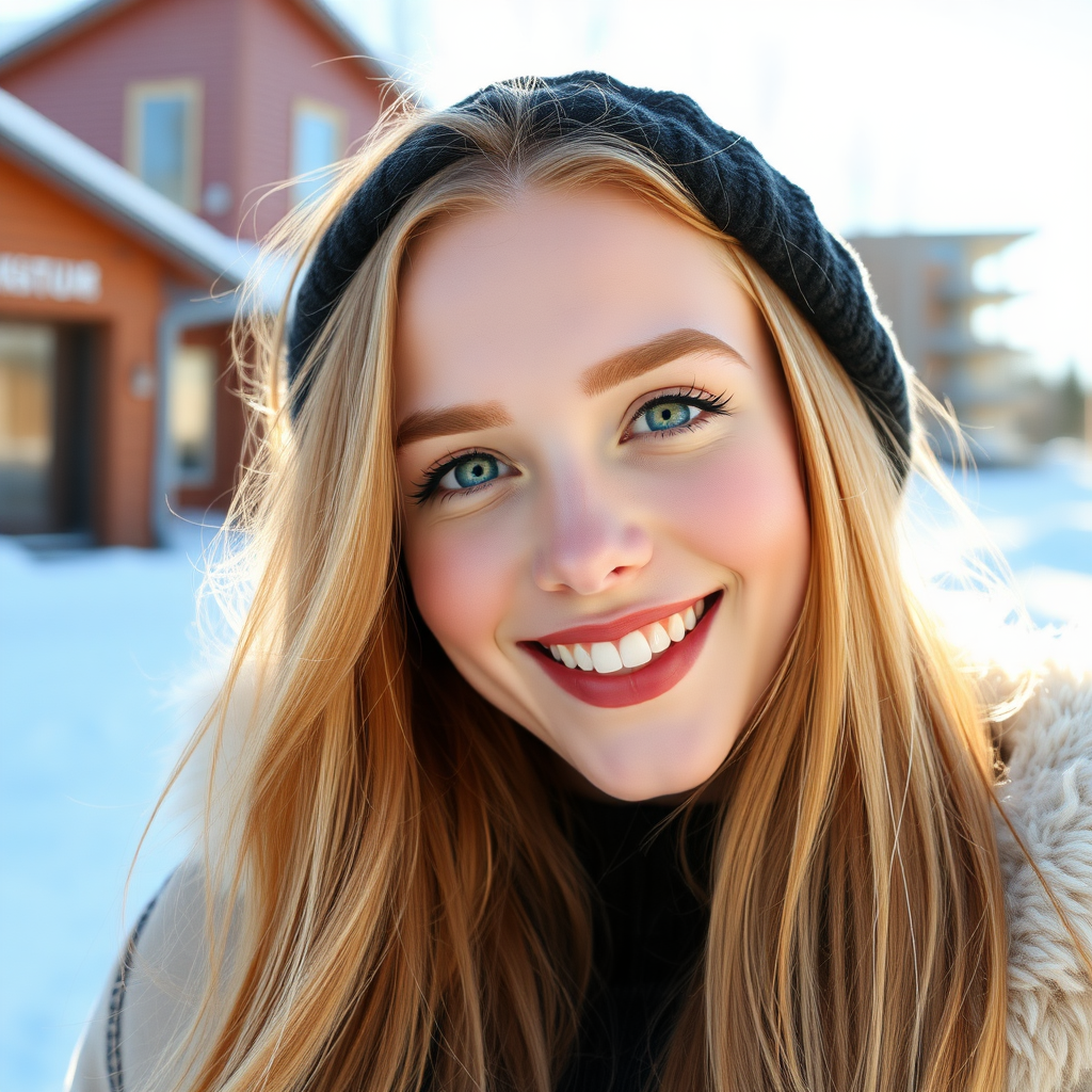 beautiful happy young woman with cherry blonde long hair, full lips, perfect eyebrows, pale skin, on Alaska during winter in Anchorage on sunny snow day