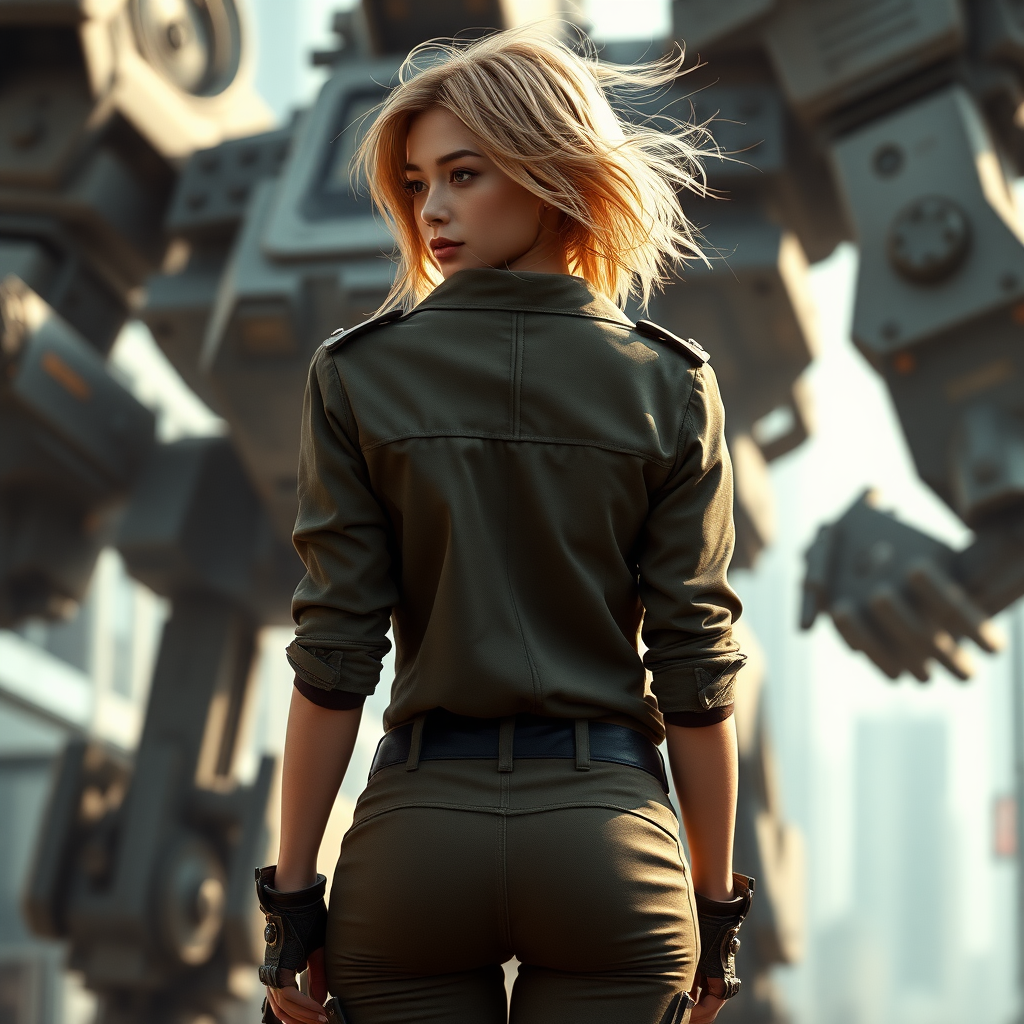 A full body shot from behind of a pretty twenty-something female with a face resembling (ana de armas). strawberry blonde messy shoulder length hair tussled by wind. military outfit, "Benaenae" badge on the breast pocket, long legs, futuristic neo-tokyo, battletech giant mechs twice the height of buildings, Hyper-realistic, Photorealistic digital matte painting, soft focus, film grain, lens flare. gritty, dirty, scuffed.