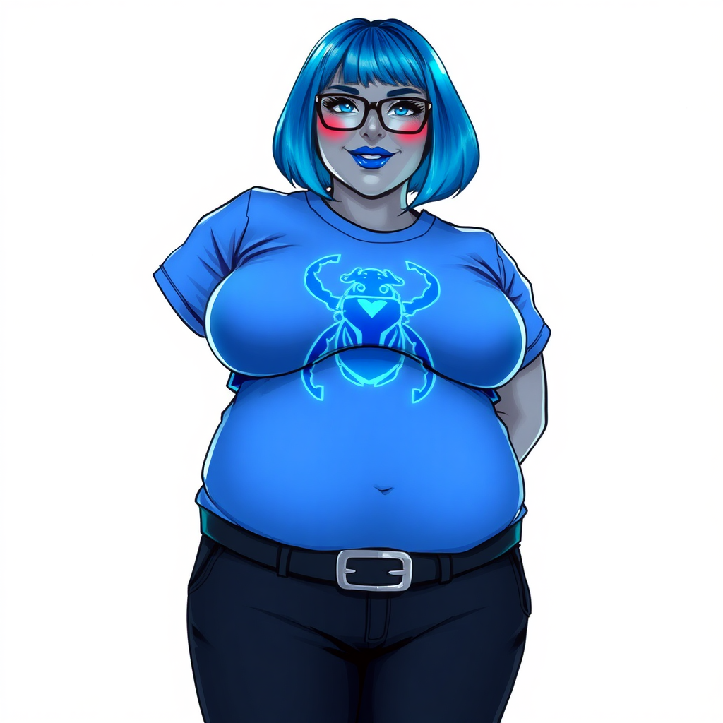 A 28-year-old, full-figured, metallic middle gray skinned computer program hybrid with a maximum blue bob cut. She has a non-athletic build, highlighted by a prominent, round, large midsection (with emphasis on her belly). As a digital sidekick, computer hacker, and nerdy girlfriend to her cyberpunk vigilante boyfriend, her middle gray metallic skin and maximum blue lipstick emphasize her digital nature. She wears a tight-fitting, maximum blue t-shirt (accentuating her large belly) with a neon blue glowing chest icon of a beetle, black pants, a black belt with a sapphire scarab buckle, and black gloves. Her bright blue eyes, black eyeglasses, and lovestruck smile with neon red blush accentuate her nerdiness. She stands bashfully with her hands behind her back, her t-shirt covering her midsection (especially her large belly) and emphasizing her full-figured, non-athletic physique. She is on a solid white background. She is drawn as if she was in a retro 2D cyberpunk fighting game. She is clearly non-athletic, with a focus on her full-figured physique. Ensure her t-shirt covers her midsection (especially her large belly).