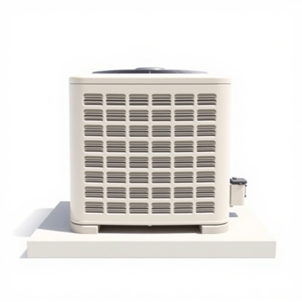 A simple, high-resolution, realistic image of a standard residential outdoor air conditioning unit or condenser. The unit should be placed on a flat surface, such as a concrete pad. The unit should be a neutral color like white, beige, or gray. The image should have a plain, uncluttered background to serve as a generic stock photo. No text.