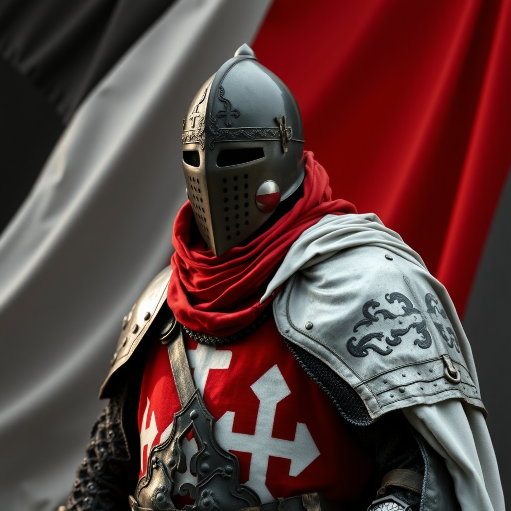 A knight of the Teutonic Order in black, white, and red colors, the background in black, white, and red colors. Realistic photo.