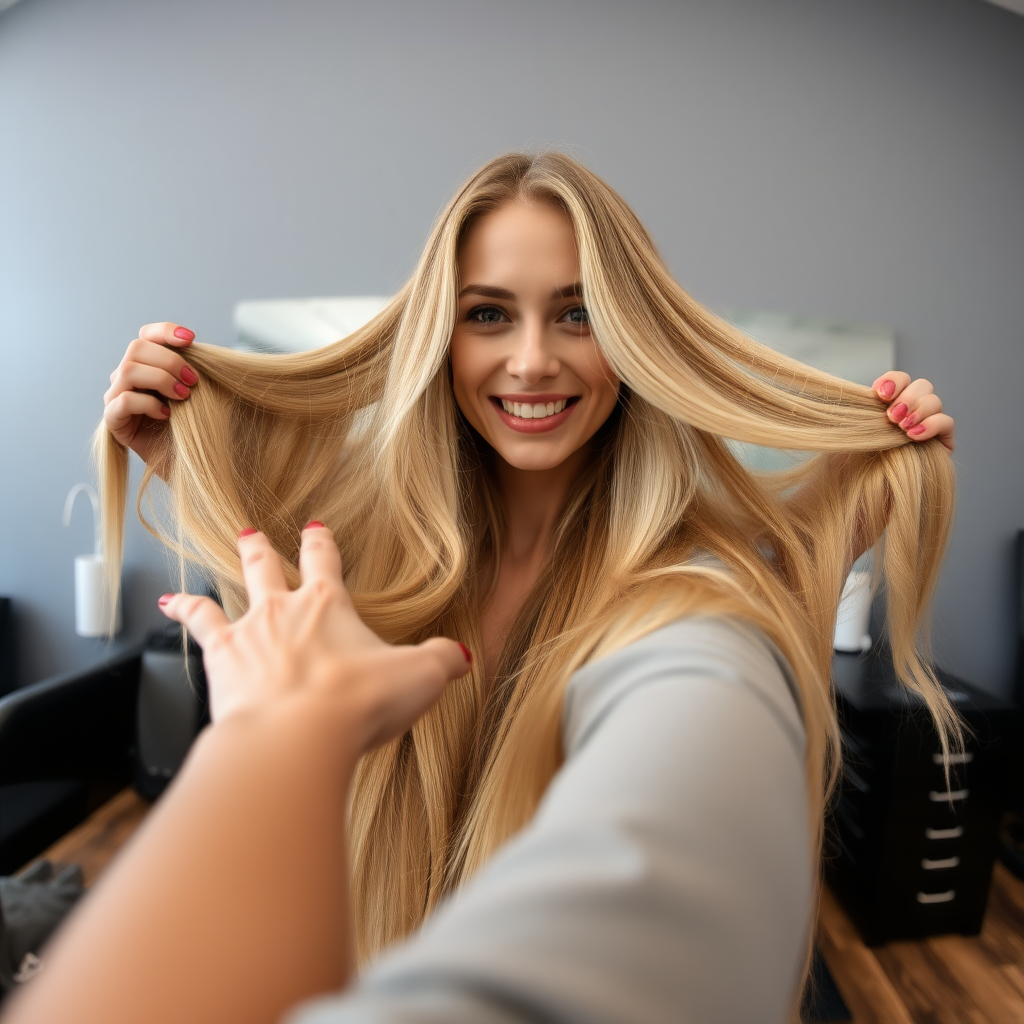 POV, beautiful very long haired blonde woman sitting in a hair salon smiling at the camera while I reach out from behind the camera to spread out her hair to display it to the camera. Plain gray background.