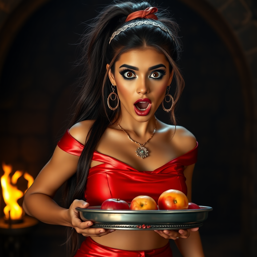 realistic photo of a surprised Arabian model with mouth open. She has very large eyes, black eyeshadow, black eyeliner, fake eyelashes, very tanned skin, very long hair. very high ponytail, she look likes princess jasmine, shinny red off shoulder crop top. photo realistic. She holds a metal tray with fruits just above her waist. crop top, shinny red skirt. full body view. shinny red pencil skirt. dungeon with fire torches in the background.