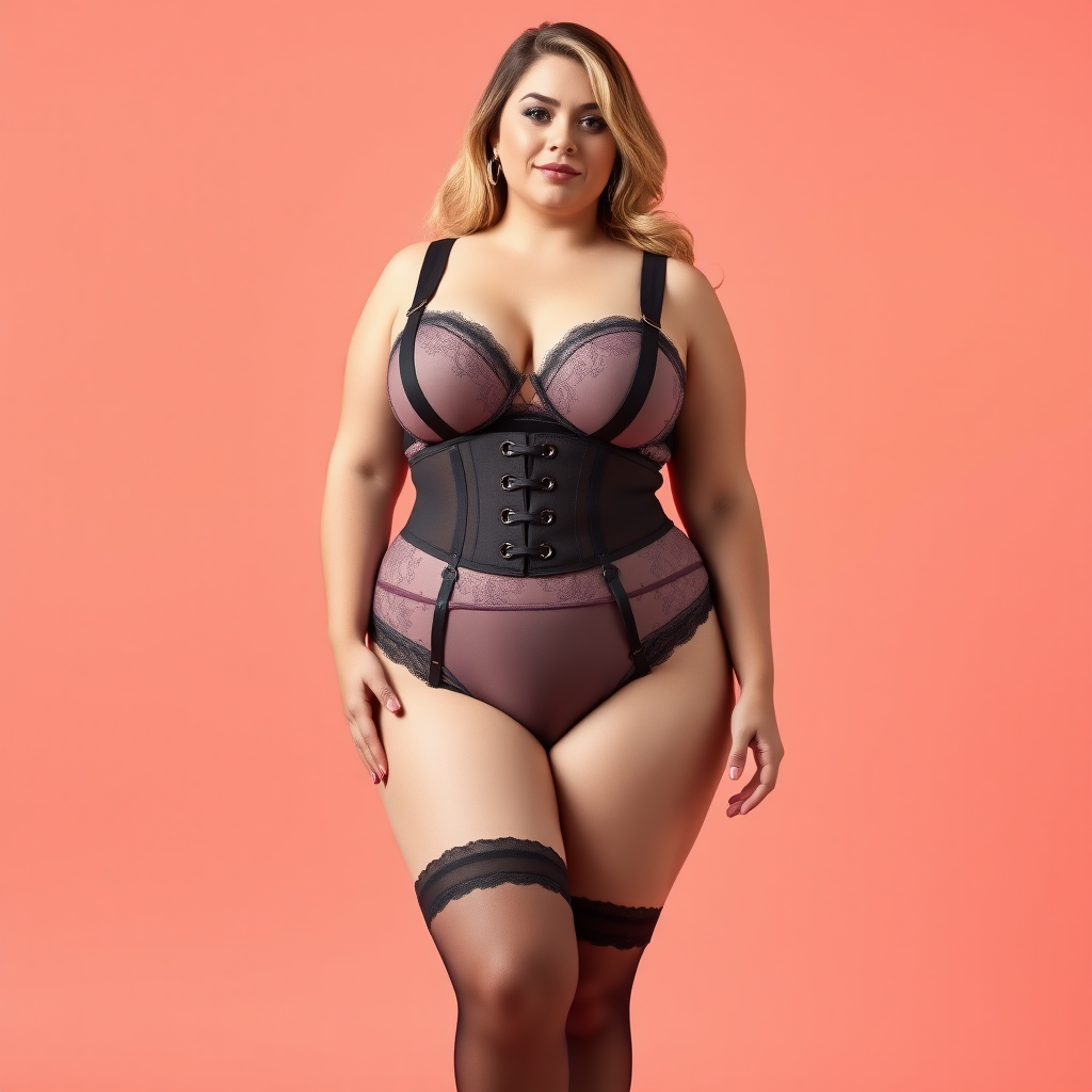 A lingerie advert featuring a plus size model about UK size 16. The model should be shown full height. She is wearing a matching set of lingerie including bra, briefs, stockings, and vintage style suspender belt (garter belt) with four straps. The image should be on a simple brightly coloured backdrop. There must be no text in the image.