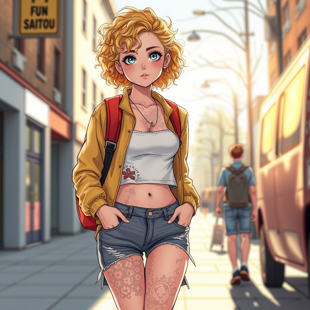 Realistic drawing style image, Extremely good quality 8k resolution drawn manga image of a 15 year old petite and short tomboy girl with golden blonde curly hair with mixed and different colored eyes for each eye and moles on her entire body and is a white American girl, Has on a Gold Jacket over a white extremely short crop top only covering her breasts and nothing more with a design on it, and has on ripped shorts and cool looking sneakers and a deep and big knife cut wound on her stomach from a huge injury she had, with a bright color backpack, ear piercings on, walking on the street to school in the morning with the beautiful sunlight lighting up her body beautifully with no tattoos.