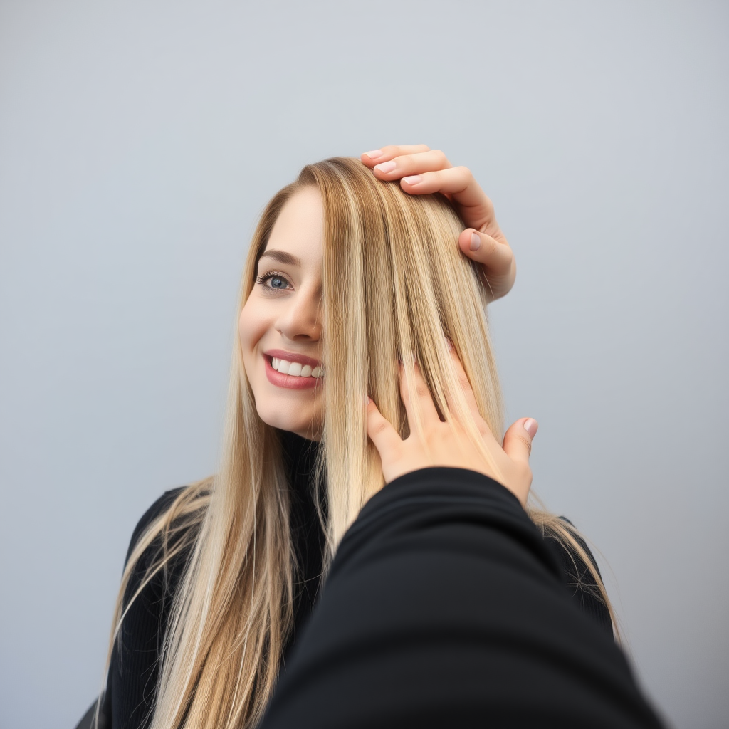 POV, beautiful very long haired blonde woman sitting in a hair salon smiling at the camera while I reach out from behind the camera to massage her scalp. My fingers are digging into her hair rubbing her scalp while her hair is covering my hands. Plain gray background.