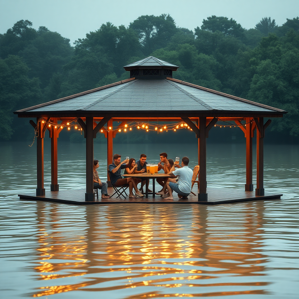 Create an image of a pavilion in a flooded environment and people comically partying on it drinking beer while the world is going to shit.