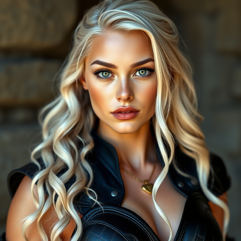 Portrait of a beautiful young woman with long wavy platinum blonde hair, green eyes, a suntan, large breasts, and light brown eyebrows. She is wearing black leather armor and a gold necklace with a small heart pendant.