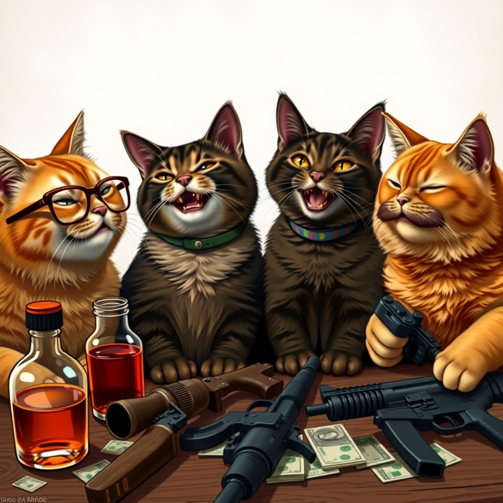 4 cats, a brown one with half-round glasses, a dark brown one with a collar and gold teeth, a small black one with earrings, and an orange one with an Hitler mustache laughing together around a table with alcohol, bills, and realistic weapons.