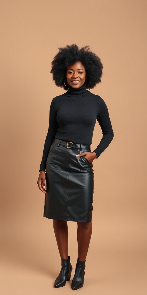 a fullbody photo of an african woman with an afro wearing a knee length leather skirt and a fitted turtleneck sweater