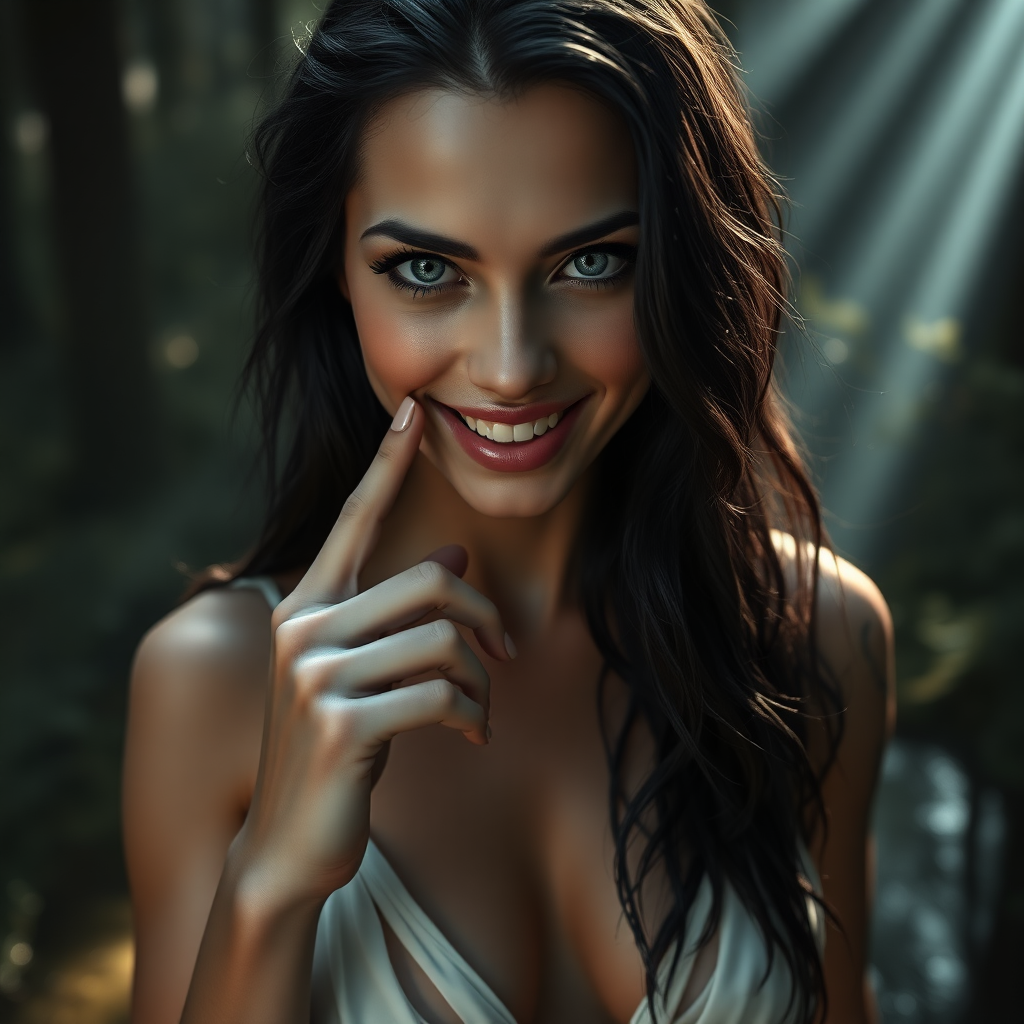 Enigmatically alluring inviting and scary looking smile.  
Running through secretive place, a small pond with God rays of light shining on her face in a glade in a tall magical forest where she lives, ready for an nude swim at any moment.

The image presents Beautiful Hell standing with a powerful and commanding presence. She is a hyper photo realistic woman, visibly sweating, exuding menace, sexuality aroused and beauty. The background is dark and mysterious, enhancing her enigmatic presence and adding depth to the image.

Her ((dark raven-black hair)) cascades down in soft, wavy strands often caught in a breeze, contrasting sharply against her pale, (((flawless unblemished skin))) with delicate feminine sexual tattoos sprinkled around her body.

Beautiful Hell has a strikingly beautiful face with (fine unbroken porcelain white skin) and smooth and defined features. Her mouth slightly open, with an index finger laid on her lip and the tip of her finger in her mouth. And her teeth are hyper realistic.

Her eyes are sharp and in focus when zoomed in to one of her eyes. Her eyes are a piercing blue (intensely realistic) in (detailed realistically), bright and crisp, and realistically detailed and deep are intense and captivating, capable of drawing you in, and intimidating anyone who meets her gaze. Her eyes show an intense need to own the viewer, are framed by long dark lashes, adding to their dramatic effect. Her expression is sexual and menacing and intense, reflecting her dual nature.

Emotional and Visual Impact:  
The image evokes a sense of raw sexual attraction and admiration for Beautiful Hell’s beauty, body, intricate revealing, intimacy, and intense. The combination of transparent sheer fabric, a deep and wide plunge line that reveals the edge of her nipples, and delicate ultra-light white silk of her dress creates a balance between elegance and sexual allure, making her beautiful to linger your gaze upon, unavoidably sexually attractive, and intimidating. The visual intensity of the image is heightened by the dark, mysterious background, which adds to her enigmatic presence. The overall emotional response is a mix of admiration for her beauty, a subtle unnerving sense of fear or respect, and mostly for her bold, daring, sexual attention demanding design that she wears to specifically honor her deliberate and leading the viewer to physical sexual attraction to her. Her demeanor and physical exposure are outrageously bold, giving her an openly gleeful and ecstatic smile reflected in her ((brilliant blue eyes)), and inviting anyone to oppose her.

Dress Design and Features:  
Plunge Line: The dress, made of a thin revealing silk, shows the colors of her areolas, and features a deep and wide plunge line that extends to just below her belly button, revealing the smooth skin of her torso and her belly button emphasizing the dress's allure and Beautiful Hell's alluring natural SEXUALITY. The dark, remarkably fine silk of the dress clings closely to her figure, accentuating her curves and emphasizing her feminine form.