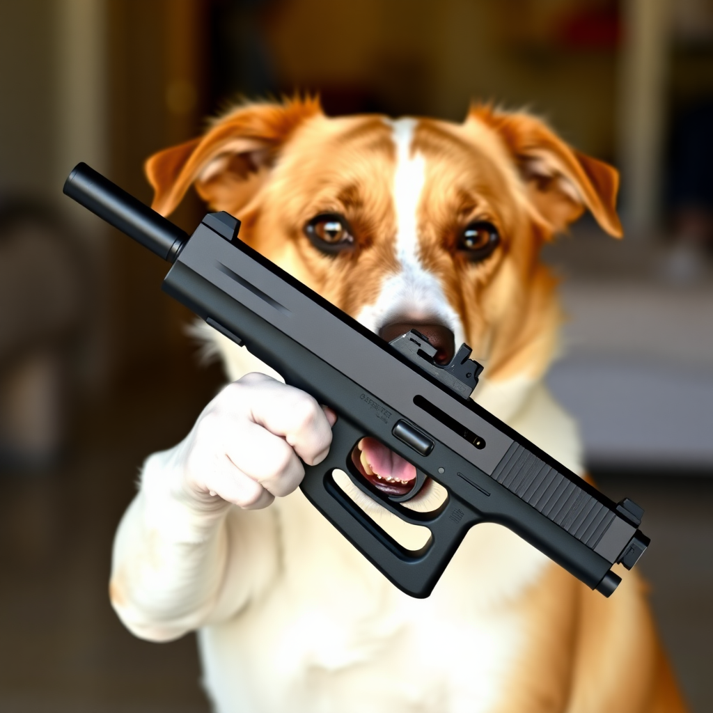 A dog holding a beretta 92fs