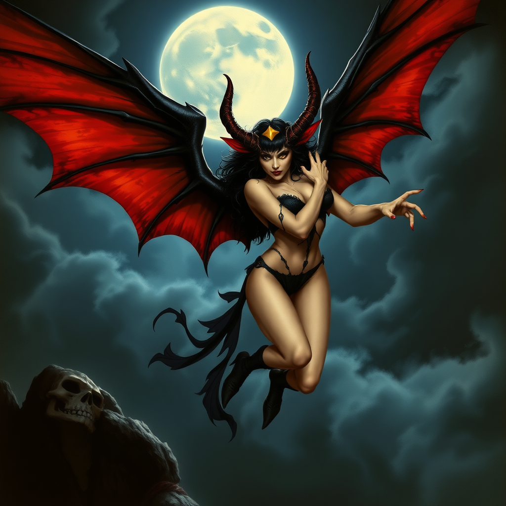 A beautiful winged succubus staring wickedly her outfit is designed to entice. She's flying high in a dark, moonlit sky. The wicked scene is dark and spooky with the art styling of Brian Froud. Cosplayed by a young vicious Drew Barrymore.