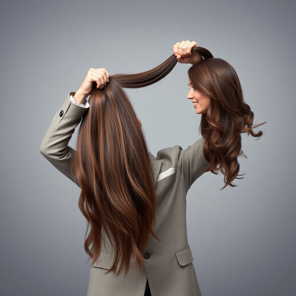 A surreal image of a magician holding up the disembodied head of a very long haired Kate Middleton. He is grabbing her very long hair and pulling it up high in the air, while her head is hanging by her hair from his grasp to display it to the camera. Plain gray background.