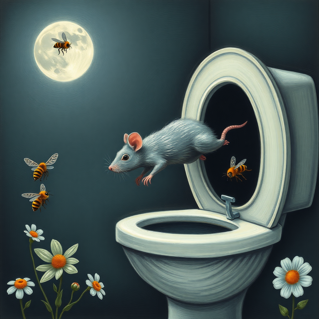 A rat diving off the moon into a toilet, bees