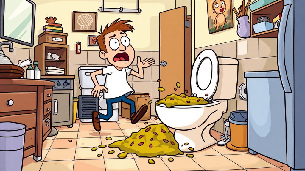 A cartoon-style illustration of a person in a cluttered, cozy bathroom. The character is startled as a pile of excrement unexpectedly splashes from the toilet onto the floor. Show exaggerated shock on their face as they rush towards the kitchen, with humorous details like a comically oversized toilet and exaggerated splashes of waste.